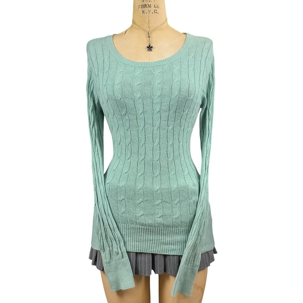 Y2K Merona Cable Knit Sweater Sage Green Scoop Neck Fitted Longline Small